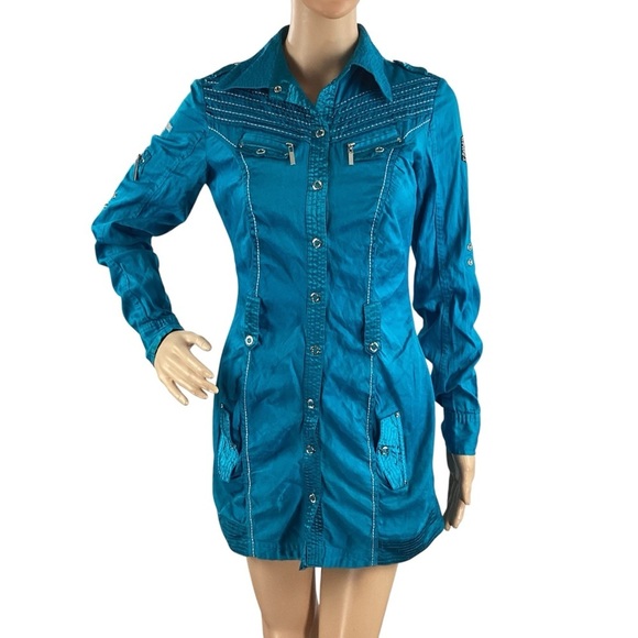 Coogi Shiny Snap Front Stretch Utility Mini Shirt Dress Teal Small - Picture 1 of 7